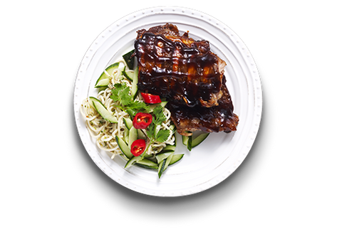 30. Vores berømte spareribs asian style med sød soya & ingefær m. nudler salat