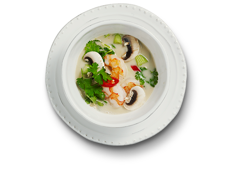 14. Tom Kha: Suppe på kokosmælk, citrongræs, rejer & chili.