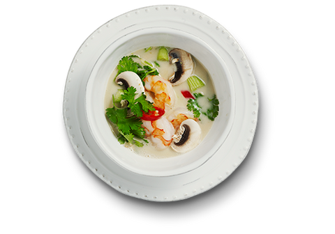 14. Tom Kha: Suppe på kokosmælk, citrongræs, rejer & chili.